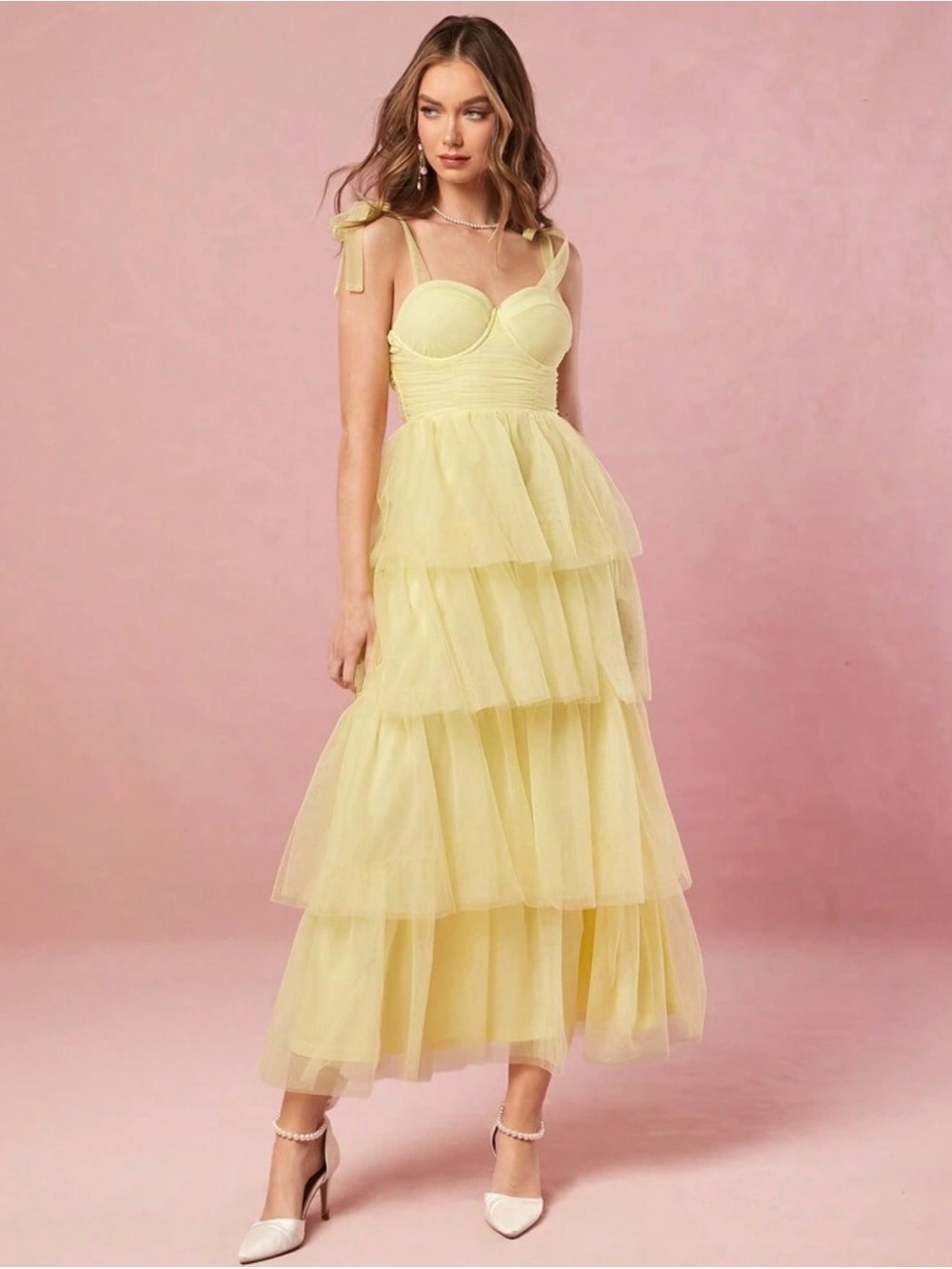 NWOT Yellow Tiered Tulle Maxi Dress with Tie Straps
